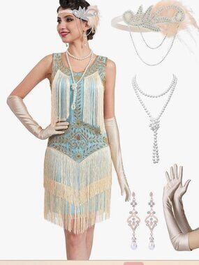 Vintage-Inspired Blue & Cream Fringe Flapper Dress - XL